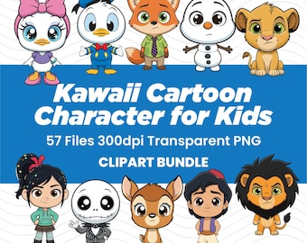 Kawaii Cartoon Characters Clipart Bundle, Kids Fantasy Animals PNG (Digital Download)