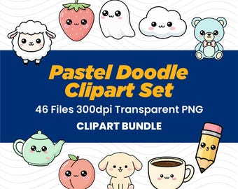 set di clipart di scarabocchi pastello, icone kawaii di scarabocchi pastello, 46 file 300 dpi png trasparenti, download digitale