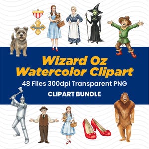 Pode incluir: Pacote de clipart em aquarela com personagens de O Mágico de Oz. Inclui Dorothy, o Homem de Lata, o Leão Covarde, o Espantalho, a Bruxa Má e muito mais. O texto diz "Wizard Oz Watercolor Clipart".