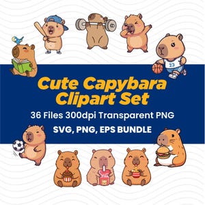 May include: A collection of cartoon capybara illustrations in various poses, including reading, lifting weights, and playing sports. The text "Cute Capybara Clipart Set" is displayed on a blue background, along with file details.