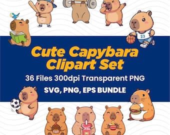 Capybara Clipart Set, Kawaii Animal Cartoon Bundle, Capybara PNG SVG EPS, Kids Illustration