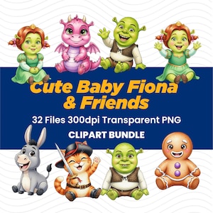 Paquete de imágenes prediseñadas de la Princesa Ogro Bebé Fiona, Personajes de Fantasía PNG (300 DPI)