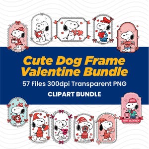 May include: A collection of Valentine's Day-themed dog illustrations in various frames. The images feature a cartoon dog with hearts, gifts, and other Valentine's Day elements. The text reads "Cute Dog Frame Valentine Bundle" and "CLIPART BUNDLE".