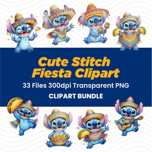 Könnte beinhalten: Eine Illustration mit blauen Cartoon-Figuren in Sombreros und festlichen Outfits, die Tacos, Maracas und eine Gitarre halten. Der Text lautet "Cute Stitch Fiesta Clipart" und "CLIPART BUNDLE".