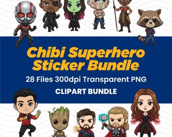 Chibi Superhero Sticker Clipart Bundle, Hero Cartoon Characters