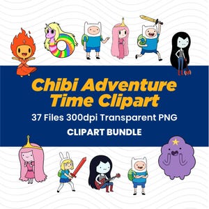 May include: A digital clipart bundle featuring various characters from Adventure Time in a chibi style. The image includes characters like Finn, Jake, Princess Bubblegum, and Marceline. The text on the image reads "Chibi Adventure Time Clipart" and "CLPART BUNDLE".
