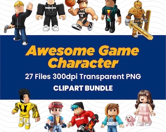 May include: A digital clipart bundle featuring various game characters in different outfits and poses. The characters are in a cartoon style, with a variety of colors and designs. The text "Awesome Game Character" is displayed on a blue background.