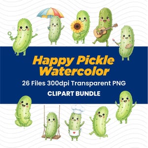 Glad pickle akvarell clipart-paket, kawaii pickle-figurer, rolig matillustration PNG