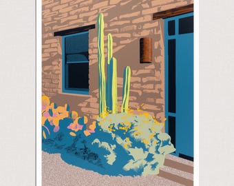 Earthen Eden Screen Print: Cactus, flowers, Adobe House (18" x 24")