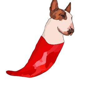 Puede incluir: Ilustración caprichosa de la cabeza y la parte superior del cuerpo de un perro Bull Terrier, integrada con un pimiento rojo. La cabeza del perro presenta marcas marrones y blancas, mientras que el pimiento es de un rojo vibrante.