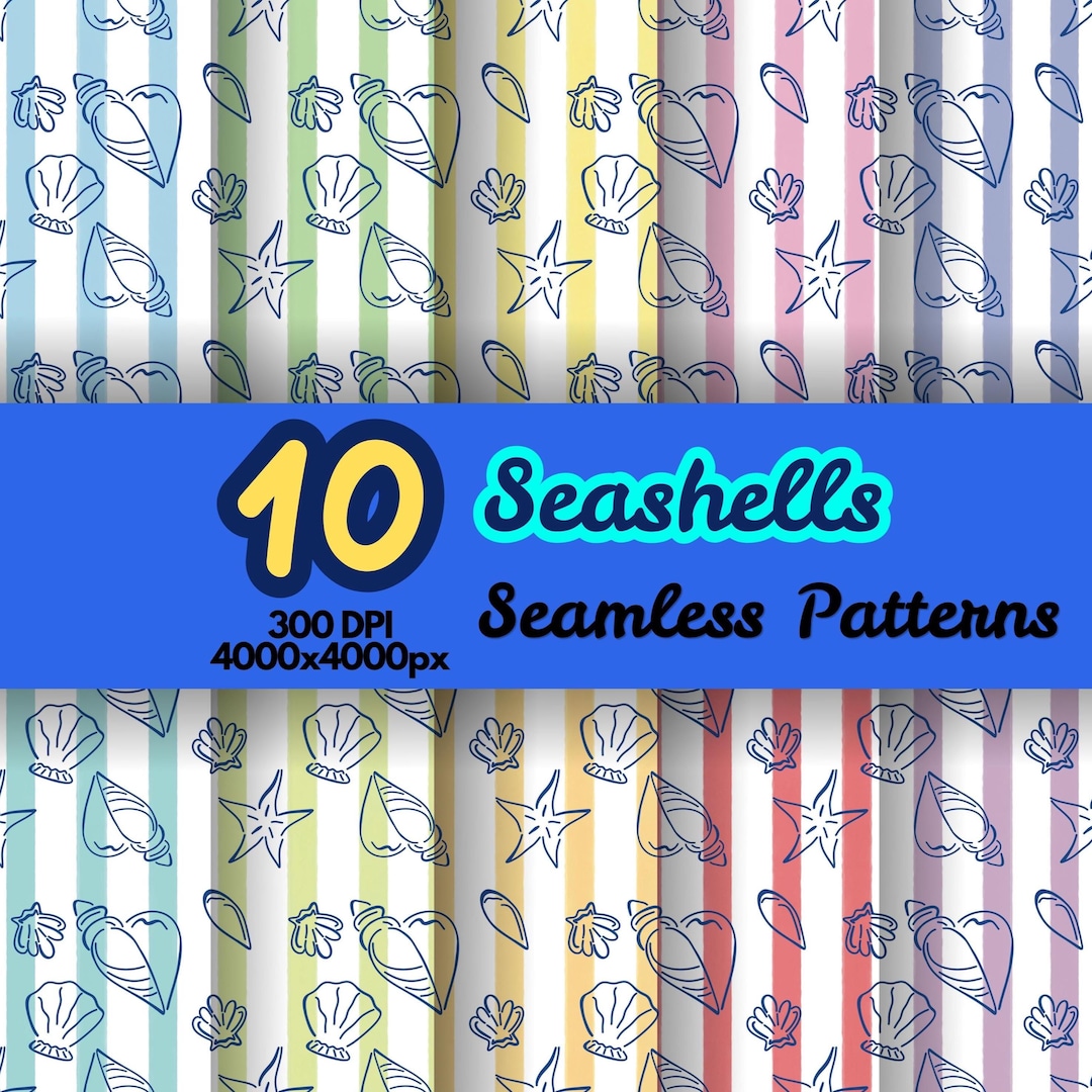Pastel Seashells and Stripes Seamless Pattern Bundle, Digital File ...