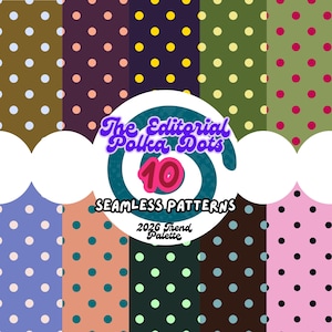 May include: A collection of ten seamless polka dot patterns in various colors, including brown, purple, navy, and green. The patterns are displayed with a central graphic that reads "The Editorial Polka Dots 10 Seamless Patterns 2026 Trend Palette."