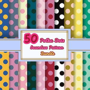 Puede incluir: Una colección de patrones de lunares sin costuras en varios colores, incluyendo azul, rosa, verde y amarillo. La imagen presenta el texto "50 Polka Dots Seamless Pattern Bundle" en un diseño rosa y blanco.