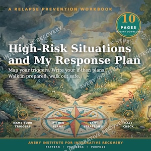 May include: A 10-page relapse prevention workbook titled High-Risk Situations and My Response Plan. The cover features a compass graphic, a fork in a dirt path through a forest, and text including Map your triggers, Write your if-then plans, and Walk in prepared, walk out safe.
