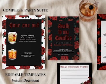 30th Birthday Decor Bundle – Gothic Invitation, Drink Sign & Dinner Menu Templates, Death to My Twenties Party