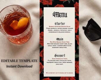 30th Birthday Decor Menu Template - Editable Gothic Menu for Death to My Twenties Party