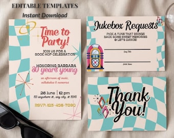 80th Birthday Sock Hop Invitation Bundle – Retro 1950s Party Templates (Editable Canva)