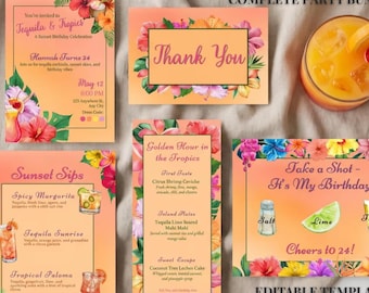 Signature Drink Sign Bundle for a Tropical Birthday, Tequila & Tropics Editable Canva Party Templates