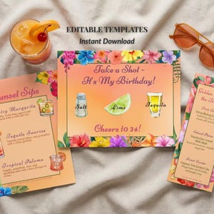 May include: A collection of tropical-themed party decorations, including cocktail menus and a birthday sign. The menus feature drink illustrations and names like "Spicy Margarita" and "Tequila Sunrise." A cocktail and sunglasses are also present.