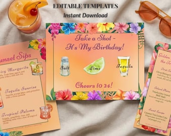Tropical Bar Menu Template Set for a Sunset Birthday, Tequila & Tropics Editable Canva Bundle