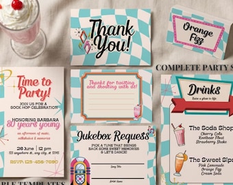 80th Birthday Sock Hop Party Bundle – Retro 1950s Invitation, Menu, Cards (Editable Templates)