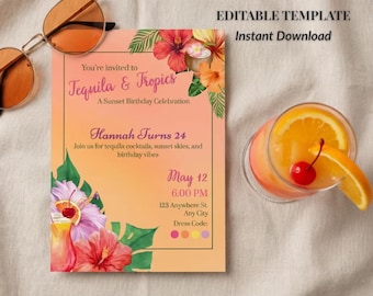 Birthday Dinner Invitation - Tequila & Tropics Party Invite (Editable Canva Template | Digital Download)