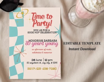 80th Birthday Sock Hop Invitation, Retro 1950s Diner Style, Editable Canva Template (Digital Download)