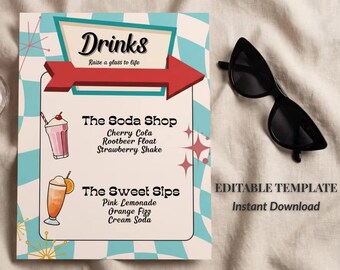 80th Birthday Signature Drink Sign - Retro Soda Bar Menu Template (Digital Canva Download)