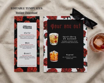 Gothic Bar Menu Template – Red Rose Signature Drink & Dinner Menus (Digital Download)
