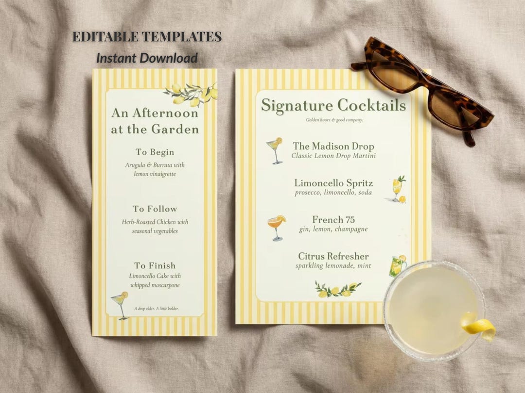Lemon Drop Menu Lemon Drop Bar Menu Template + Dinner Card – Citrus Birthday Party ...