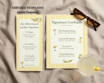 Lemon Drop Bar Menu Template + Dinner Card – Citrus Birthday Party Decor (Editable Canva Signs)