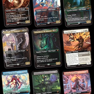 May include: Nine Magic: The Gathering trading cards featuring fantasy creatures like dragons and wizards. Each card has unique art, text, and mana symbols. The cards are in various colors, including red, blue, green, and black.