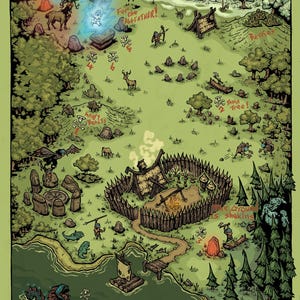 May include: An illustrated map of a fantasy world, with a village, forest, and lake. The map includes text labels such as "Meadows", "Cold", and "Angry Beasts", with various icons and illustrations of creatures and locations.