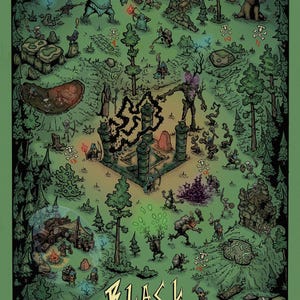 May include: A detailed illustration of a forest scene with the text "Black Forest" at the bottom. The artwork features various fantasy creatures, trees, and structures in a green and black color palette.