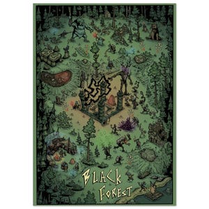 May include: A detailed, illustrated map of the Black Forest, featuring a variety of fantastical creatures and structures. The map is predominantly green and black, with the words "Black Forest" at the bottom in a stylized font. The artwork has a whimsical, cartoonish style.