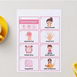 Puede incluir: Una hoja blanca con cuadros con bordes rosas que ilustran técnicas de apoyo emocional. La hoja incluye imágenes y texto como "respiración profunda", "juguete para apretar" y "tiempo de descanso". Una taza y un platillo amarillos están en la esquina superior izquierda.