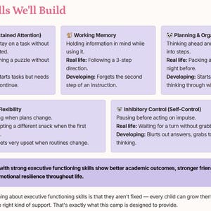 May include: An educational infographic titled The Skills We'll Build, featuring five light purple boxes detailing executive functions: Focus, Working Memory, Planning & Organization, Cognitive Flexibility, and Inhibitory Control, with descriptive text.