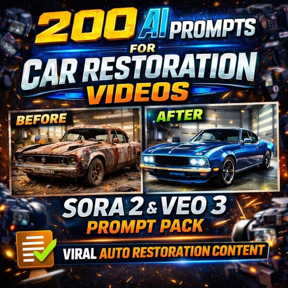 200 AI Prompts for Car Restoration Videos | Sora 2 & Veo 3 Prompt Pack | Viral Auto Restoration Content - Digital Downloads