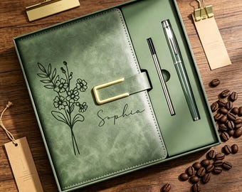 Personalisiertes Notizbuch-Set aus Leder mit Stift, Geschenkidee mit Geburtsblumenmotiv, Geburtstagsgeschenk, Abschlussgeschenk, Dankeschön-Geschenk für Lehrer