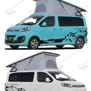 May include: Two vans, one teal and one white, each with a pop-up camper top. Both vans have black mountain and forest decals along the sides. The teal van has black rims. The white van has black rims. The text "Seitenstreifen.com" is at the top.