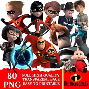 Può includere: Una collezione di immagini digitali con personaggi del film d'animazione "Gli Incredibili". Le immagini mostrano vari personaggi in pose d'azione, con il logo del film e testo che indica file PNG di alta qualità, facili da stampare.