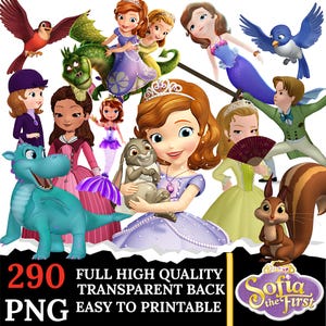 Pode incluir: Gráfico digital com personagens de "Sofia the First". A imagem inclui Sofia, um dragão, um esquilo, um coelho e outras figuras animadas. A imagem também contém o texto "290 PNG FULL HIGH QUALITY TRANSPARENT BACK EASY TO PRINTABLE".