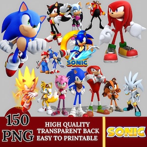 Può includere: Una collezione di vari personaggi di Sonic the Hedgehog in pose dinamiche. L'immagine include Sonic, Tails, Knuckles e altri personaggi del franchise di videogiochi. L'immagine include anche il testo "150 PNG", "HIGH QUALITY TRANSPARENT BACK" e "EASY TO PRINTABLE".