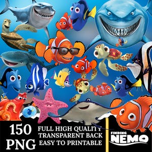 Puede incluir: Ilustración digital colorida con personajes marinos de dibujos animados, incluyendo tiburones, peces payaso y tortugas, sobre un fondo azul. Incluye el texto "150 PNG FULL HIGH QUALITY TRANSPARENT BACK EASY TO PRINTABLE" y el logo de "Finding Nemo".
