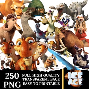 Puede incluir: Una colección de varios personajes de la película animada "Ice Age". La imagen presenta una variedad de criaturas, incluyendo un tigre dientes de sable, un perezoso, un mamut y dinosaurios. La imagen también incluye el texto "250 PNG FULL HIGH QUALITY TRANSPARENT BACK EASY TO PRINTABLE".