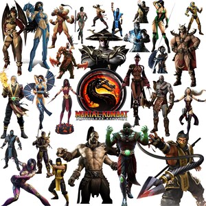 Puede incluir: Un collage de personajes de Mortal Kombat en varias poses de acción. Los personajes son diversos, con una variedad de trajes y armas. El logotipo de Mortal Kombat está centrado, con un emblema de dragón.