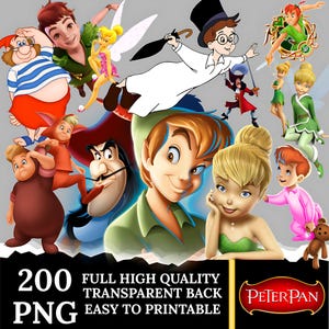 Könnte beinhalten: Ein digitales Grafikdesign mit Charakteren aus Peter Pan, darunter Peter Pan, Tinkerbell, Captain Hook und andere. Das Bild enthält den Text "200 PNG" und "Peter Pan". Die Charaktere sind in verschiedenen Posen und Farben vor einem grauen Hintergrund.