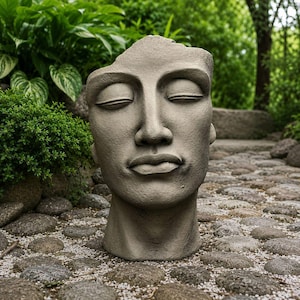 May include: A gray stone sculpture of a human head with closed eyes and a serene expression. The top of the head is uneven and open, featuring a textured, weathered surface that mimics natural rock, standing upright on a stone surface.