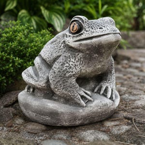 Könnte beinhalten: Eine graue, texturierte Frosch-Gartenfigur, die auf einem glatten, abgerundeten Steinsockel sitzt. Der Frosch hat eine unebene, gesprenkelte Oberfläche und große, hervorstehende Augen mit dunklen Pupillen und orange-braunen Iris.