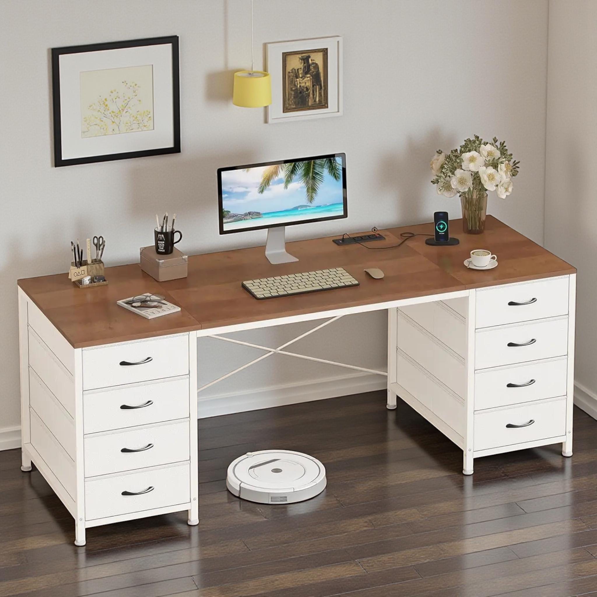 60 Inch Computer Desk With 8 Drawers, Power Outlets & Charging Ports ...